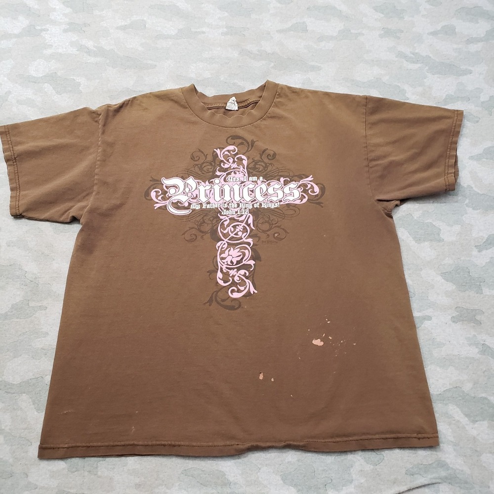 Vintage Jesus AAA Top Womens XL Brown‎ Short Sleeve Religious Faith Cross